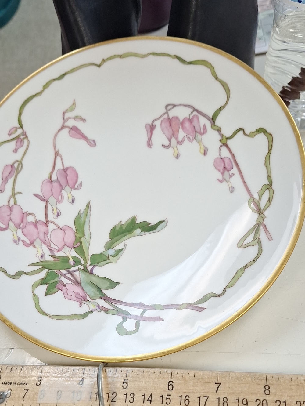 Fine FRENCH Porcelain Dinner Plate with Pink Floral Motif and Gold Rim.